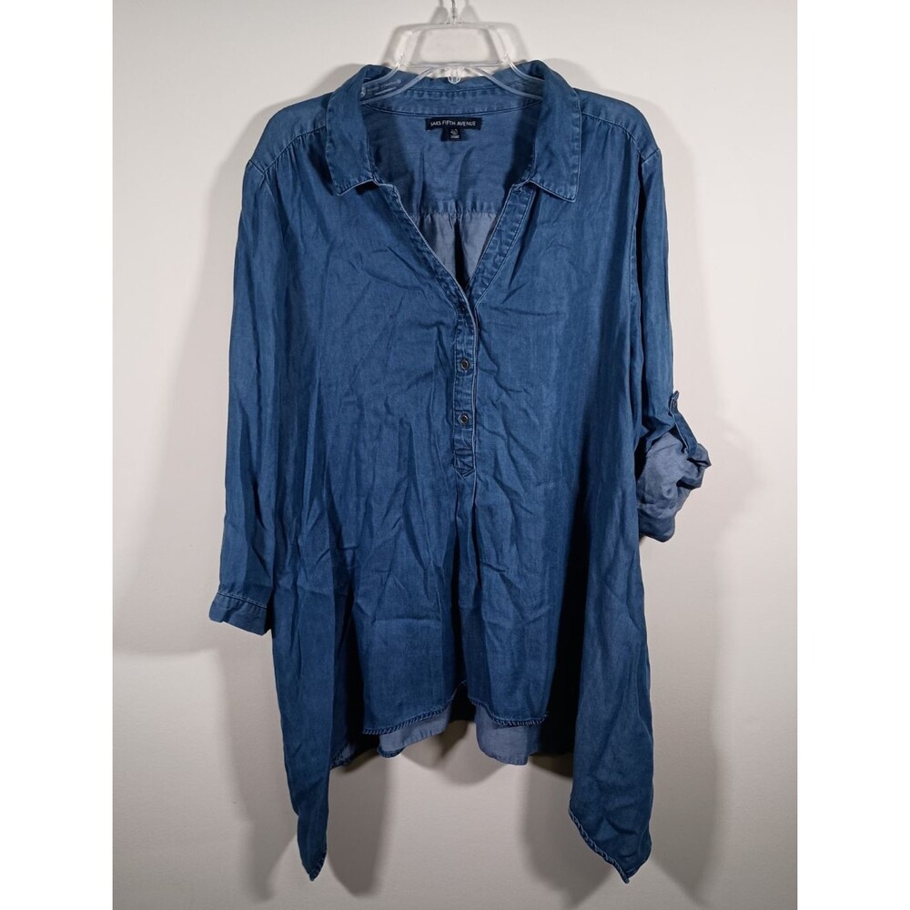 Saks Fifth Avenue Women Collared Roll tab Sharkbite Lyocell Chambray Top Size XL